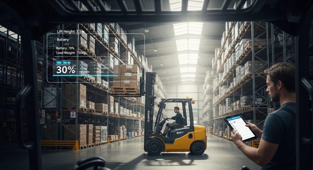 Empilhadeira movendo pallet em armazém organizado com luz natural