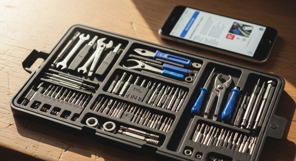 Kit de reparos inteligente organizado em bancada com ferramentas e smartphone ao fundo