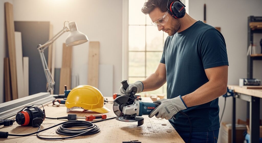 Oficina doméstica com esmerilhadeira Bosch e maker usando EPI