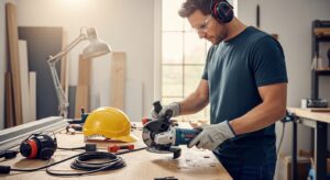 Oficina doméstica com esmerilhadeira Bosch e maker usando EPI