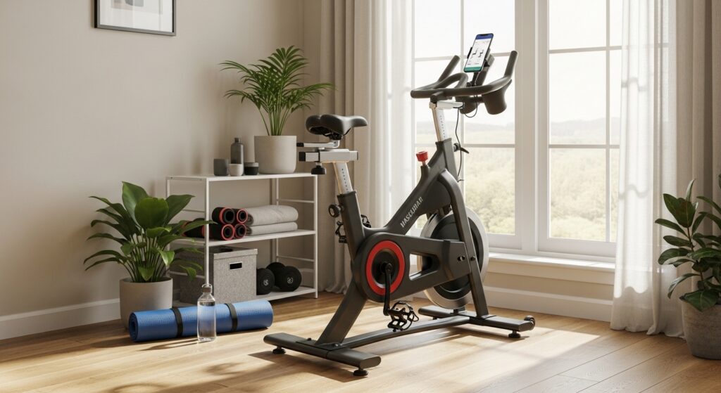 Cantinho de treino em casa com bicicleta ergométrica profissional e luz natural