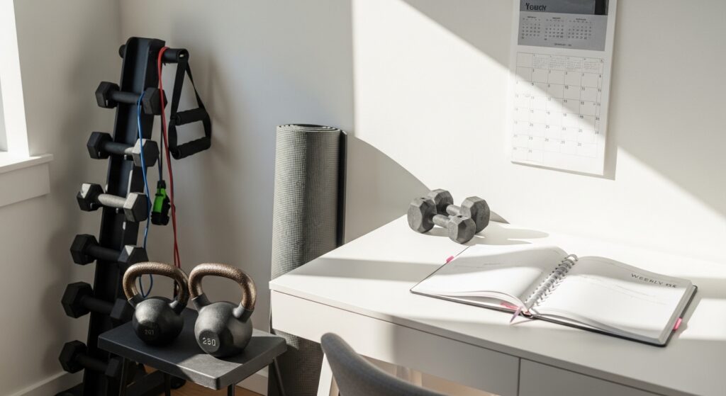 Canto de treino em casa com equipamentos organizados e planner aberto