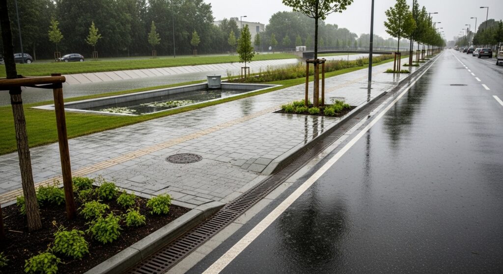 Cidade moderna com infraestrutura contra alagamentos em dia de chuva intensa