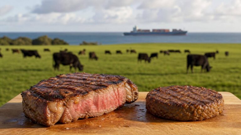 Bife e hambúrguer vegetal lado a lado com pasto e navio de carga ao fundo