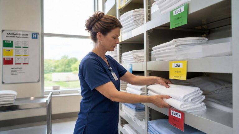 Enfermeiro organiza lençóis hospitalares padronizados com kanban