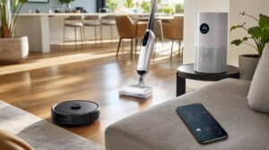 Robô aspirador, mop elétrico e purificador inteligente limpando sala moderna