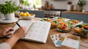 Pessoa planejando refeições semanais com planner e potes de comida na cozinha
